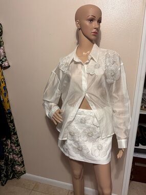 Sheer White Floral Embroidered Shirt and Skirt Set